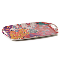 Warlukurlangu Aboriginal Art Melamine/Bamboo Large Serving Tray - Green Budgerigar Dreaming