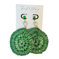 First Nations Fashionista - Handmade Aboriginal Art Woven Drop Earrings (Green with Stone/Pearl Detail)