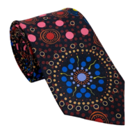 Warrina Aboriginal Art 100% Silk Tie (Giftboxed) - Dreamtime Flowers (Black)