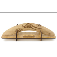 Handmade Aboriginal Burnt design Giftboxed Boomerang & Stand (35cm)