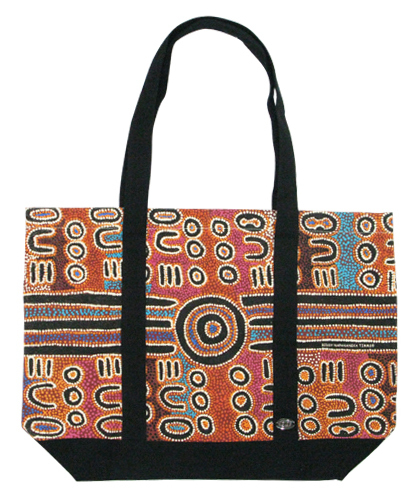 Outstations Aboriginal Art Canvas Tote Bag - Biddy Timms (Brown/Black)
