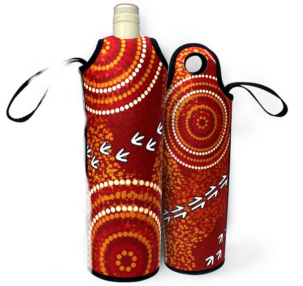 Bunabiri Aboriginal Art Neoprene Wine Bottle Cooler The Dry Season (Red)