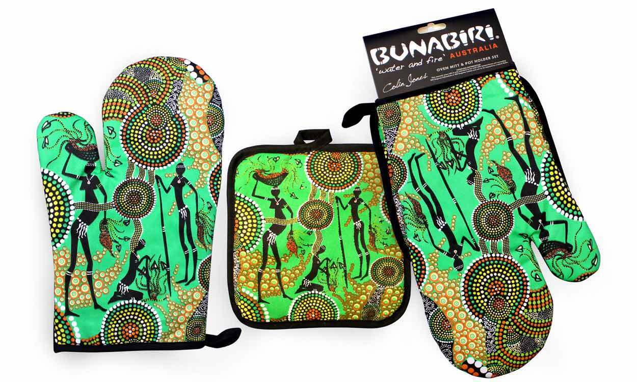 Bunabiri Aboriginal Art Mit/Pot Holder Set - Hunters & Gatherers Rainforest