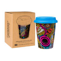 Aboriginal Art Insulated Porcelain Travel Mug - Dingo &amp; Kangaroo Storyline