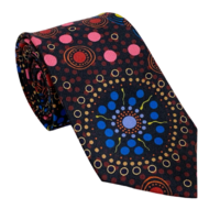 Warrina Aboriginal Art Giftboxed Silk Tie - Dreamtime Flowers (Black)