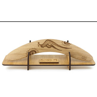 Handmade Aboriginal Burnt design Giftboxed Boomerang &amp; Stand (35cm)
