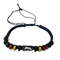 Aboriginal Painted Brown Bead Adjustable Black Braided Wristband - 3 Colour (13 Beads)