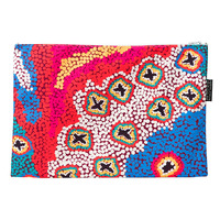 Warlukurlangu Aboriginal Art Poly Cotton Large Zip Bag  (29cm x 20cm) - Green Budgerigar Dreaming