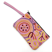 Better World Aboriginal Art Small Embroidered Leather Cosmetic Bag - Ramindjeri Water Dreaming 