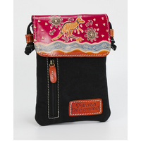 Diwana Dreaming Cotton Genuine Red Leather/Black Canvas Shoulder Bag (14cmx19cm) - Hunting Kangaroo