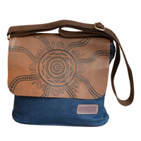 Diwana Dreaming Cotton Genuine Vintage Leather /Denim Blue Canvas Shoulder Bag (26x28x9) - Source of Life (Sunrise)