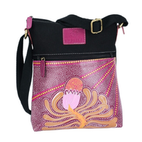By Meeka Leather/Black Canvas XBody Shoulder Bag (26cm x 20cm) - Banksia