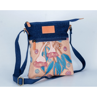 By Meeka Leather/Tan Blue Canvas XBody Shoulder Bag (26cm x 20cm) - Gumflowers