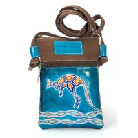 River Kangaroo - Yakinno Gunditjmara Dreaming Aqua Leather/Brown Canvas XBody Hippie Bag (13cm x 19cm)