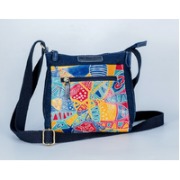 Connecting with Land [Denim] Leather/Mulit Canvas XBody Shoulder Bag (23cm x 22cm) -  Yakinno Gunditjmara Dreaming