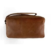 Better World Aboriginal Art Men&#39;s Leather Embossed Toiletry Bag - Sandhills (Tan)