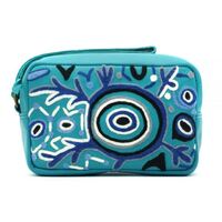 Better World Aboriginal Art Women&#39;s Leather Embroidered Toiletry Bag - Pikilyi Jukurrpa