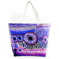 Better World Aboriginal Art Large Cotton Canvas Tote Bag - Two Dogs Dreaming (Purple)