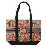 Outstations Aboriginal Art Canvas Tote Bag - Biddy Timms (Brown/Black)