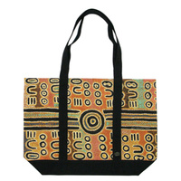 Outstations Aboriginal Art Canvas Tote Bag - Biddy Timms (Tan/Black)
