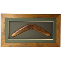 Framed Aboriginal Art Hand BURNT Boomerang (40cm) Large - Emu [Green/Ochre]