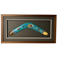 Framed Aboriginal Art Hand Painted Boomerang (40cm) Large - Goanna [Teal]