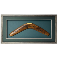 Framed Aboriginal Art Hand BURNT Boomerang (40cm) Large - Kangaroo [Green/Grey]