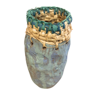 Aboriginal Art Handmade Vase [14cm x 5cm] with Raffia Weaving - Textured Blue
