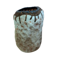 Aboriginal Art Handmade Vase [16cm x 11cm] with Raffia Weaving - Textured Blue
