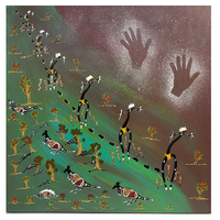 Original Aboriginal Art Stretched Canvas (60cm x 60cm) - the Hunting Party