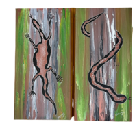 David Miller Aboriginal Art/Painting Stretched 2pce Canvas - Goanna & Snake