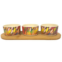 Utopia Aboriginal Art Bamboo Fibre Snack Bowl Set (3) with Timber Base - Leaves