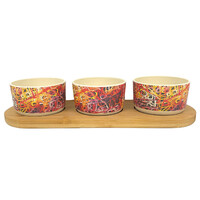 Utopia Aboriginal Art Bamboo Fibre Snack Bowl Set (3) with Timber Base - Women&#39;s Ceremony
