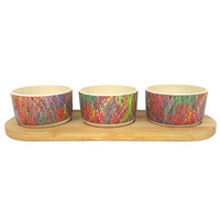 Utopia Aboriginal Art Bamboo Fibre Snack Bowl Set (3) with Timber Base - Grass Seed Dreaming