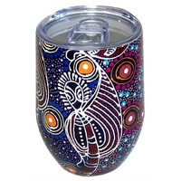 Utopia Aboriginal Art Stainless Steel Wine Tumbler (350ml) - Dreamtime Sisters
