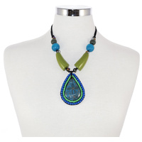 Yijan Aboriginal Art Beaded Pendant Necklace - Women&#39;s Ceremony on Yuelamu (Turquoise)