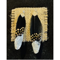 Aboriginal Art Handpainted Feather Earrings - Black (Gold Leaf) (Stud back)