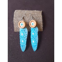 Aboriginal Art Handpainted Feather Earrings - Blue Feather Timber Disc