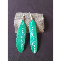 Aboriginal Art Handpainted Feather Earrings - Green Feather (1)