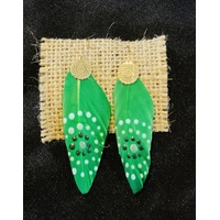 Aboriginal Art Handpainted Feather Earrings - Green (2)