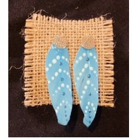 Aboriginal Art Handpainted Feather Earrings - Light Blue (Hook)