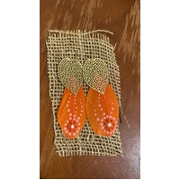 Aboriginal Art Handpainted Feather Hook Earrings - Orange Feather