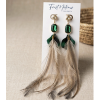 First Nations Fashionista - Handmade Aboriginal Art Pendant Earrings - Emu Feather with Glass Stones and Green Details