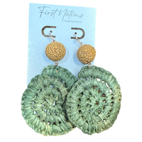 First Nations Fashionista - Handmade Aboriginal Art Woven Drop Earrings (Sage Green with Stone &amp; Quandong Detail)