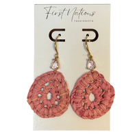 First Nations Fashionista - Handmade Aboriginal Art Woven Drop Gold Hook Earrings (Rose Pink with Stone)