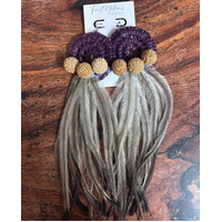 First Nations Fashionista - Handmade Aboriginal Art Pendant Earrings - Woven with Quandongs and Emu Feathers 