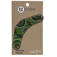 Bunabiri Aboriginal Art Dome 8cm Boomerang Souvenir Magnet - Hunters &amp; Gatherers Rainforest