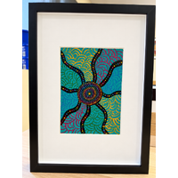 Framed Aboriginal Art [21cm x 30cm] -- Creation Lines Aqua