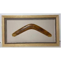 Framed Aboriginal (Burnt design) Boomerang (45cm) - Emu (Grey)