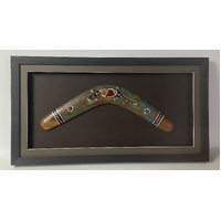 Framed Aboriginal Art Handpainted Boomerang (45cm) - Lizard (Charcoal)